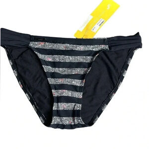 LOLE bikini bottom , women small. Black , striped , pleated ,  metal logo , NWT